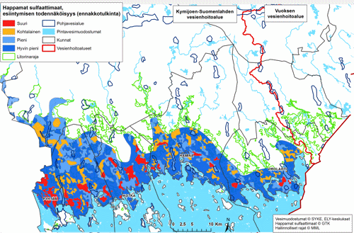 Kartta  Kymenlaakson rannikkoalueella sijaitsevista happamamista sulfaattimaista.