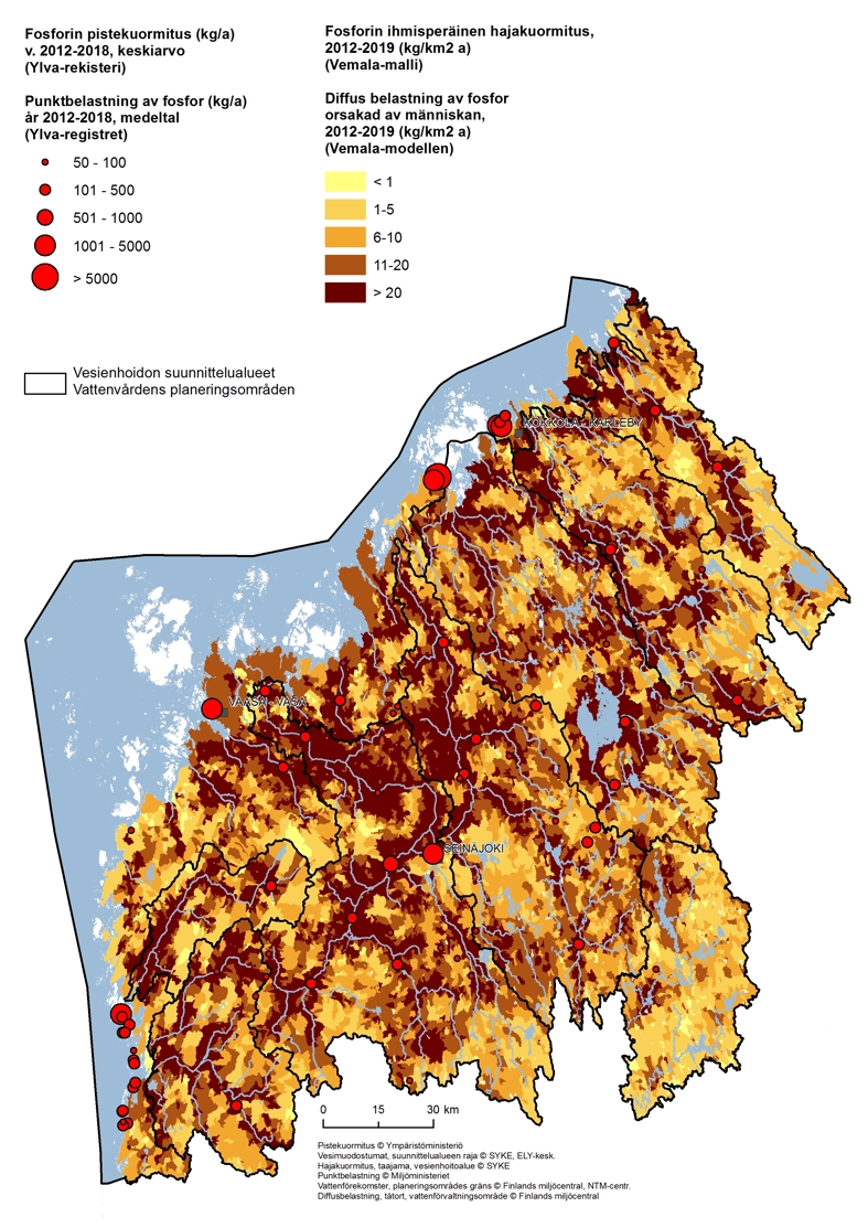 Kartalla näkyy, että fosforin ihmisperäinen hajakuormitus on suurinta jokilaaksoissa ja ihmisperäisen fosforin pistekuormitus on suurinta suurimmissa taajamissa.
