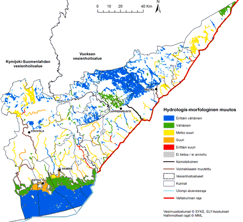Kartta, jossa on esitetty pintavesien hydrologis-morfologinen muuttuneisuus ja voimakkaasti muutetuksi nimetyt vesimuodostumat