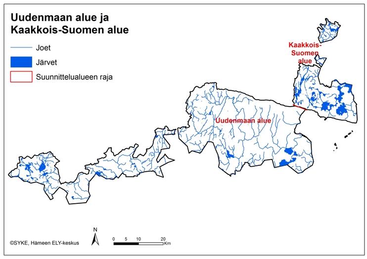 Kuvassa on kartta, jossa esitetään Uudenmaan sekä Kaakkois-Suomen suunnittelualueiden rajat Hämeen ELY-keskuksen toimialueella.