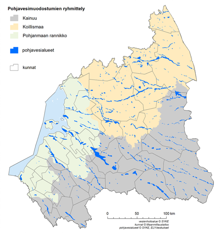 Kartta, jossa on esitetty vesienhoitoalueen pohjavesialueiden ryhmittely hydrogeologisten erojen perusteella kolmeen ryhmään.