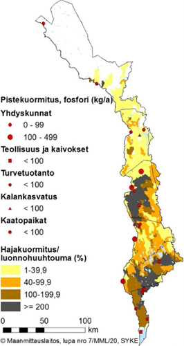 Kuvassa on kartta Tornionjoen vesienhoitoalueesta, jossa esitetään fosforin pistekuormitus kohteet sekä hajakuormituksen suhde luonnonhuuhtoumaan eri väreillä.