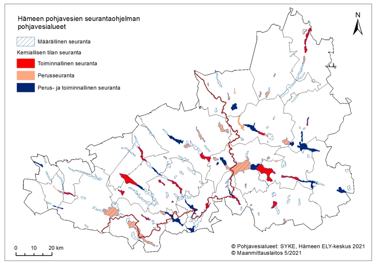 Kartta, jossa on esitetty Hämeen pohjavesien seurantaohjelman pohjavesialueet, joilla seurataan pohjaveden määrällistä ja kemiallista tilaa.