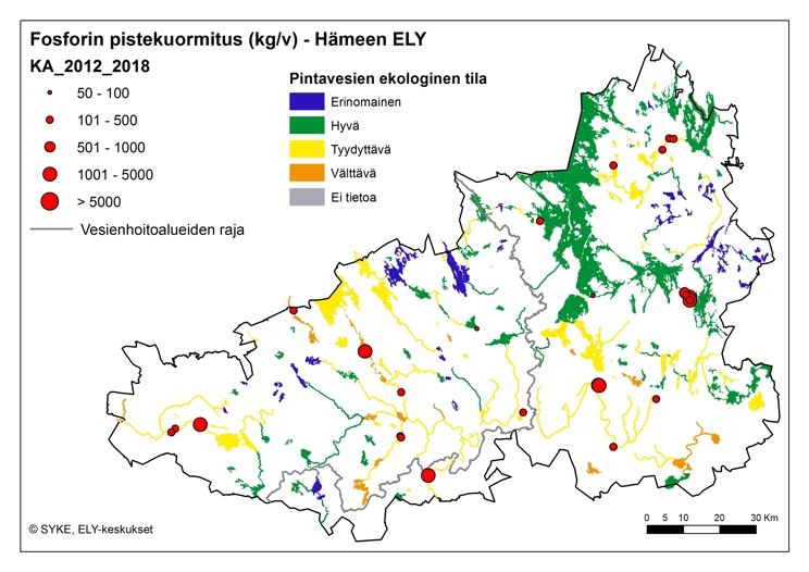 Kartta, jossa on esitetty fosforin pistekuormitus (kg/v) Hämeen ELY-keskuksen alueella.