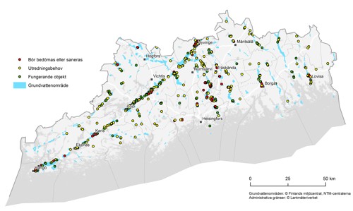 En kartbild av objekten i datasystemet för markens tillstånd (MATTI) i grundvattenområdena.