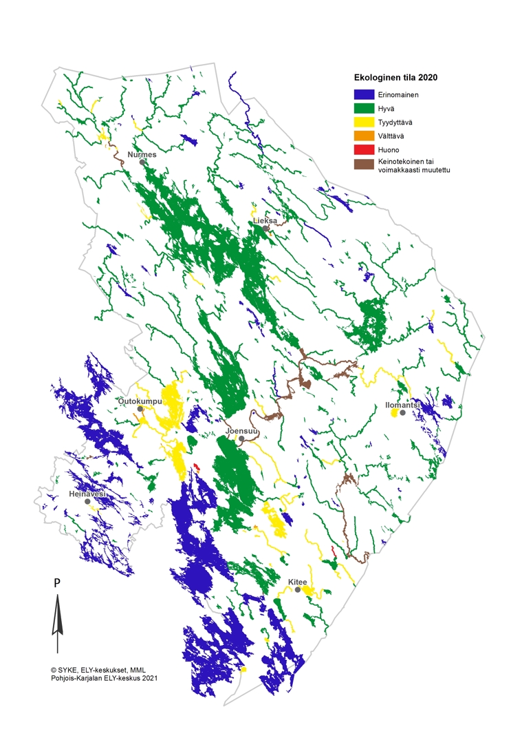 Kartta Pohjois-Karjalan luokitelluista vesistöistä ja niiden ekologinen tila. Tilaluokat: erinomainen (sininen), hyvä (vihreä), tyydyttävä (keltainen), välttävä (oranssi) ja huono (punainen). Keinotekoiset ja voimakkaasti muutetut vesimuodostumat merkitty ruskealla.